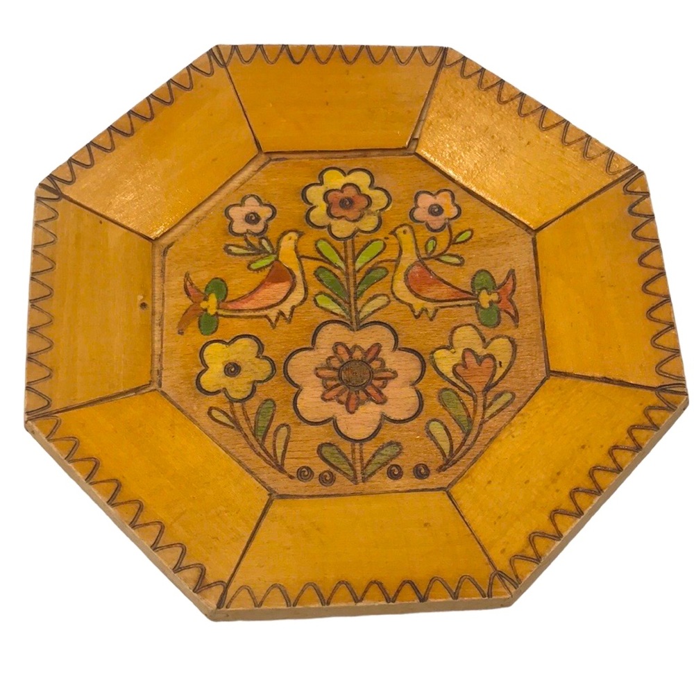 Vintage Mid-Century Folk Art Hand-Painted Pyrography Wooden Hexagon Plate